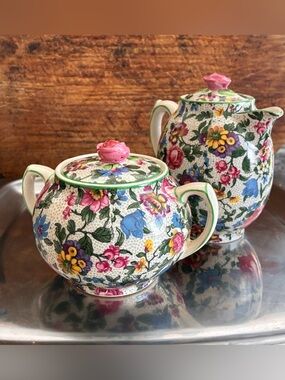 Cottage Core … Grandma’s Floral Porcelain Sugar Bowl and Creamer Set